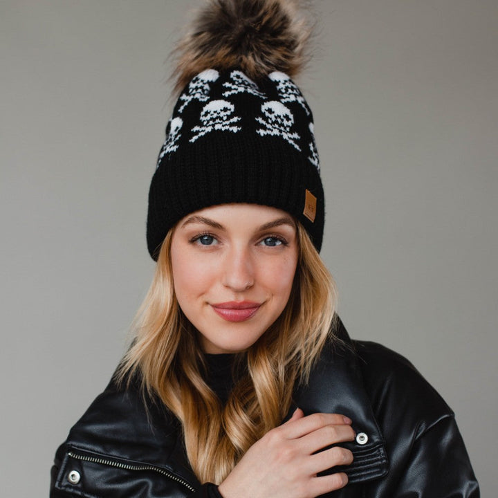 Skull Pattern Pom Hat - Black