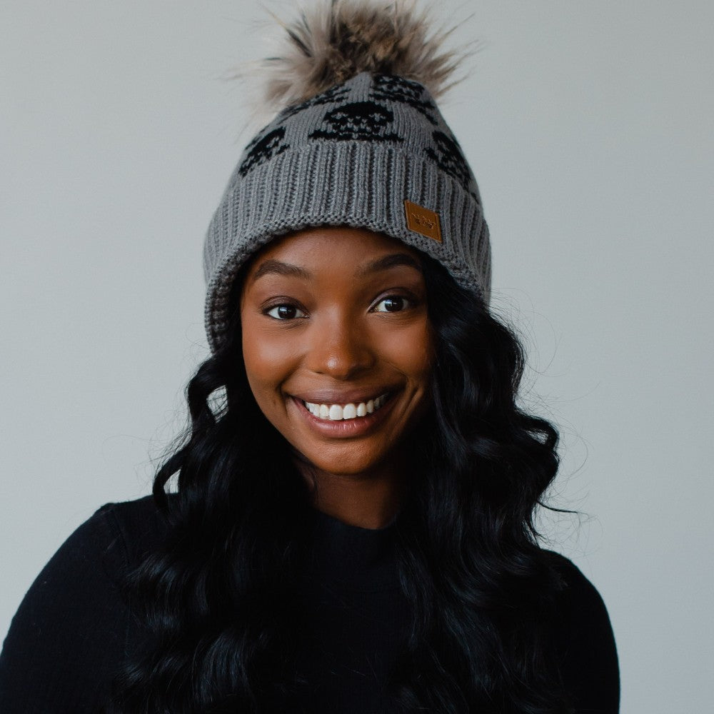 Panache Collection Skull Pattern Pom Hat Gray