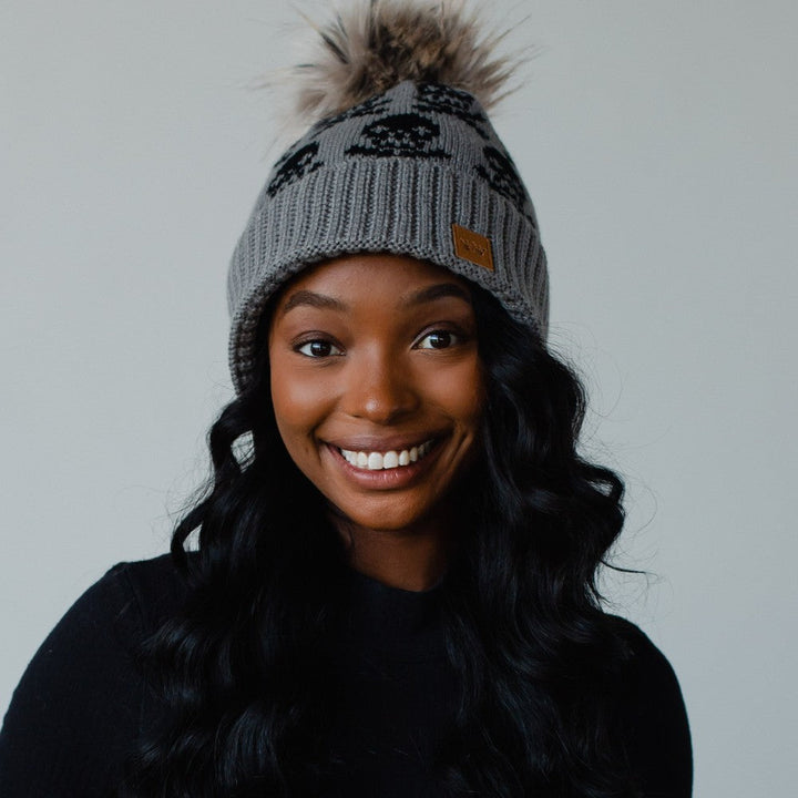 Skull Pattern Pom Hat - Gray