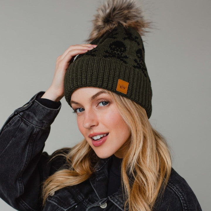 Skull Pattern Pom Hat - Olive